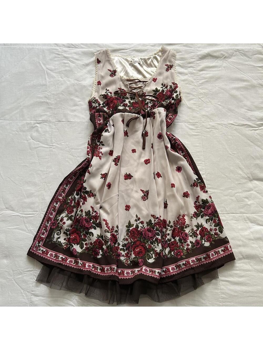 Axes Femme Ivory Rose Floral Corset Lace Up Ruffle Dress Medium Japan